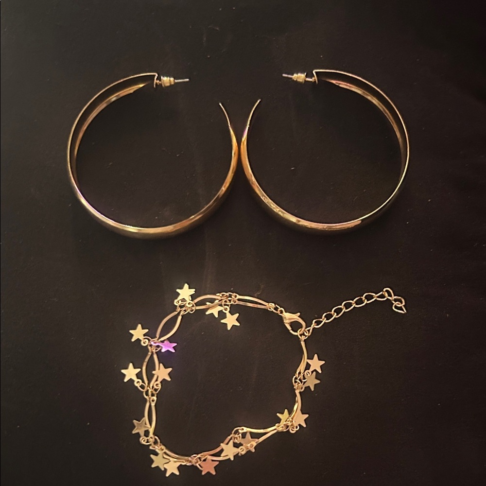 Gold Star Charm Bracelet and Hoop Earrings Set